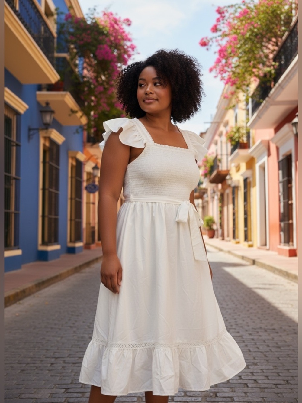 Leota Cream Smocked Bodice Ruffle-Strap Dress